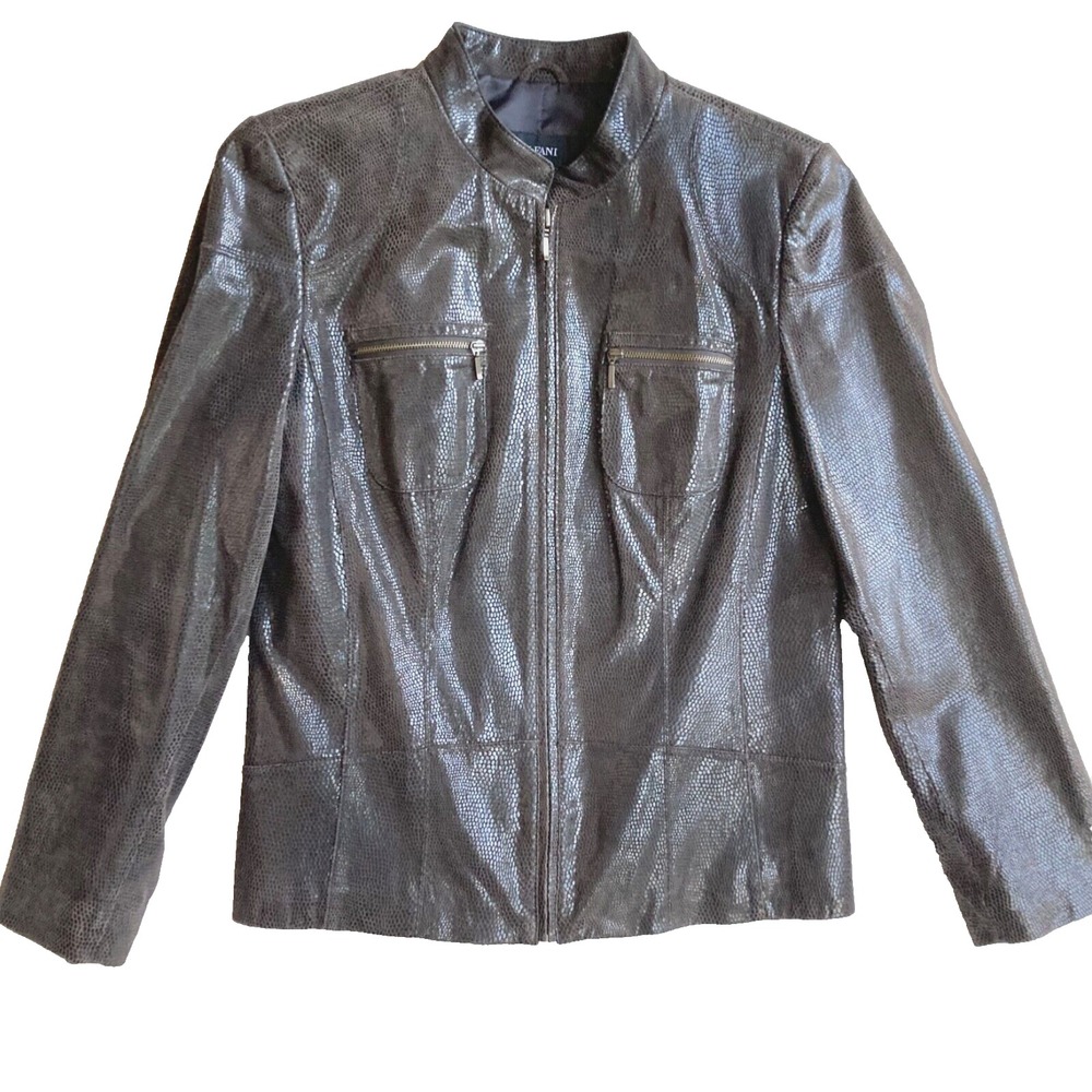 Alfani Snakeskin Brown Leather Jacket Womens M Gold Zipper Cuff Blazer Snake Y2k
